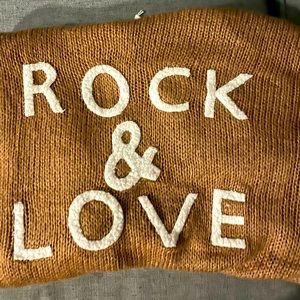 Brown Cardigan, O/S, Sweater. Rock & Love in Varsity letters on the back